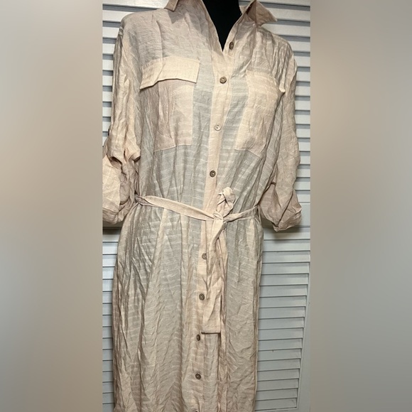 Women's Modern Swimsuit Cover Blouse Button Down Beige - Picture 2 of 7